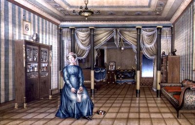 En spinster i et nyklassisk stueinteriør, ca. 1835 (akvarell med forhøyning på papir) av School Russian