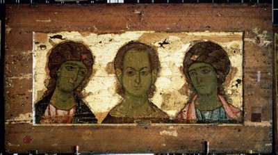 Kristus Emmanuel omgitt av erkeenglene Mikael og Gabriel (Kristus Emmanuel med erkeenglene Mikael og Gabriel). Russisk ikon, tempera på tre, slutten av 1100-tallet. Kunsten til Vladimir (Russland). Statens Tretyakov-galleri, Moskva (Russland). av School Russian