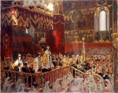 Kroningen av Nicholas II i 1896 i Ousensky-katedralen i Moskva - Anonymt russisk maleri av School Russian