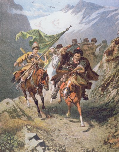 Kosakker fra Kaukasus vender tilbake fra et raid på en bosetning av muslimske kosakker med et fanget halvmånebanner (farge litho) av School Russian