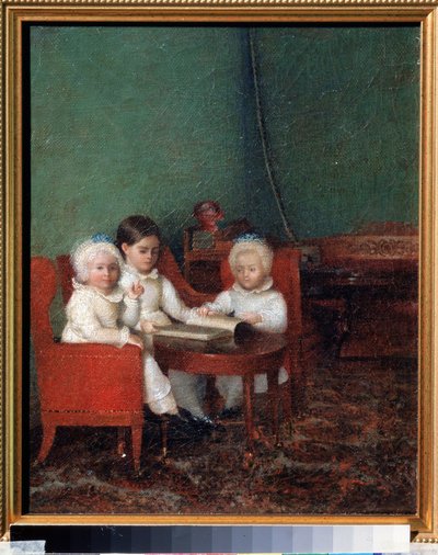 Barn i et interiør. Anonymt maleri. Olje på lerret, 25,2 x 20,6 cm av School Russian
