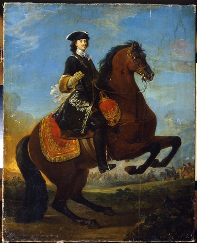 Rytterportrett av Peter I med et slag i den store nordkrigen i bakgrunnen av School Russian