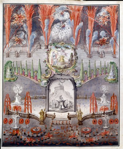 Fyrverkeri og belysning 17. september 1747 i Gostilitsy (Russland). Anonymt verk, kobberstikk farget i akvarell, midten av 1700-tallet. russisk kunst av School Russian