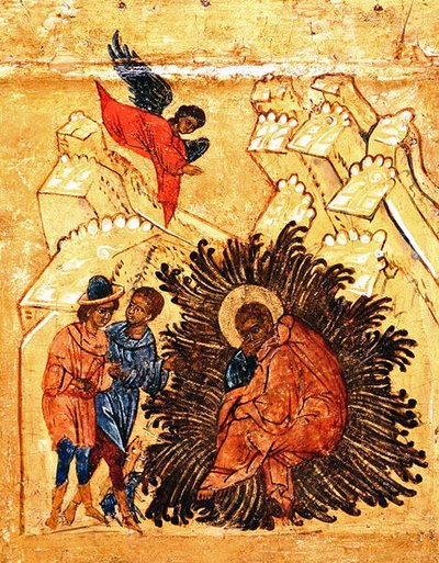 Ikon som viser drømmen om St. Joseph, ca. 1550 (tempera og bladgull på panel) (detalj av 314500) av School Russian