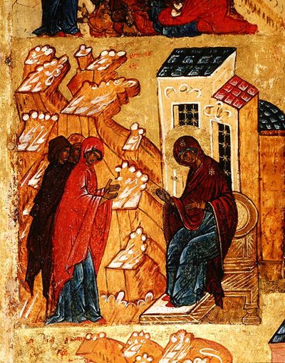 Ikon som viser jomfruen som velger de mest ærede fargene på tøyet, ca. 1550 (tempera og bladgull på panel) (detalj av 314 500) av School Russian