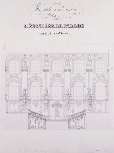 Innvendig fasade av Parade Stairs ved Vinterpalasset; Innvendig fasade på Parade-trappen ved Vinterpalasset, ca. 1838 (penn- og blekktegning på papir) av School Russian