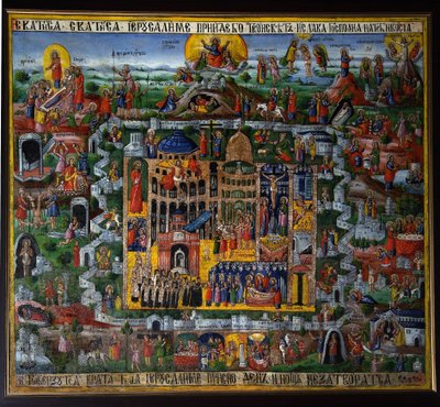 Jerusalem (Israel). Representasjon av byen i Det hellige land, med stedene for Jesu liv fra Nasaret som beskrevet i Bibelen (oppstigning til tempelet, lidenskap, korsfestelse og oppstandelse) samt Den hellige gravs kirke (eller Basilica of the Holy R av School Russian