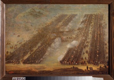 Slaget ved Poltava (Pultawa) 8. juli 1709. (Rekker med kavaleri kolliderer under den store nordkrigen (1700-1721), hæren til Peter I av Russland (1672-1725) mot troppene til Charles (Karl) XII av Sverige (1682-1718) Maleri av en av School Russian