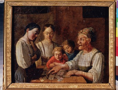 Spådame. (Gammel kvinne forutsier fremtiden i kort). Maleri av en russisk mester, olje på papp, tidlig 1800-tall. Statens russiske museum, St. Petersburg. av School Russian