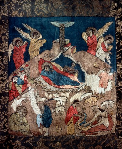 La nativite (Nativity) - Detalj av et likklede av en russisk mester, ull, silke og gull- og sølvtråder av School Russian