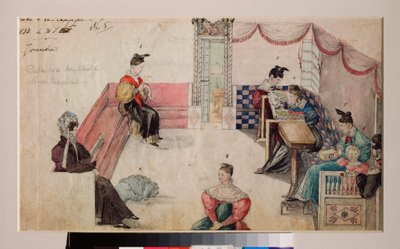 Diwan-rommet i et herskapshus. (Kvinner og barn er samlet på et sted innrammet av sofaer, de leser eller syr). Arbeid av en russisk mester, akvarell på papir av School Russian