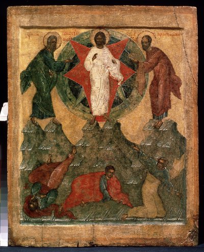""Jesu forvandling"" Kristus kledd i hvitt er omgitt av Moses og Elia, under apostlene Johannes, Peter og Jakob. Russisk ikon. Maleri på tre fra begynnelsen av 1500-tallet. Regionalt kunstmuseum, Arkhangelsk av School Russian