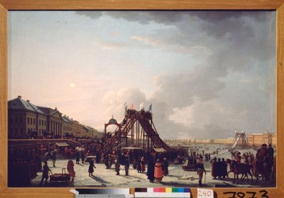 De åtte store (berg-og-dal-banen) på Neva i St. Petersburg. (Efemær sklie for vintersesongen). Maleri av en russisk mester, olje på lerret av School Russian
