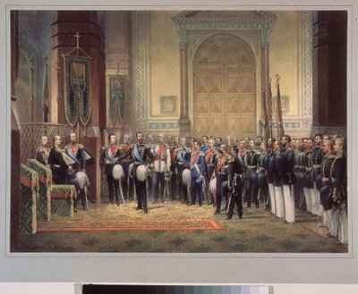 Troskapseden til Tsarevich Nicholas Alexandrovich Romanov fra Russland (1843-1865) i hærkirken. Arbeid av en russisk mester, akvarell på papir av School Russian