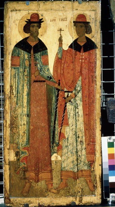 ""De hellige Boris og Gleb, sønner av Vladimir I fra Kiev"" Russisk ikon. Maleri på tre rundt 1450. Statens Tretjakovgalleri, Moskva av School Russian