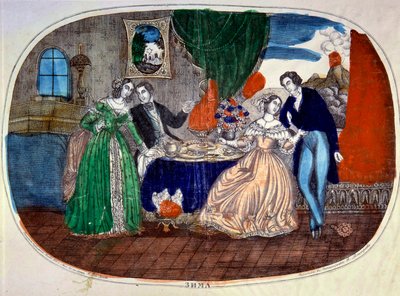 Mondanite: scene for måltider og forførelse mellom to par. Russland. Gravering omkring 1850. Privat samling av School Russian