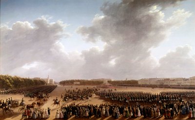 Parade på Champs de Mars, i forgrunnen Alexander Pushkin (Pushkin) (1799-1837) og Nicolas I (1796-1855) på en hest som går foran imperatrisen i en vogn i Paris Painting of the Russian School. 1825-1830. St. Petersburg, Museum of av School Russian