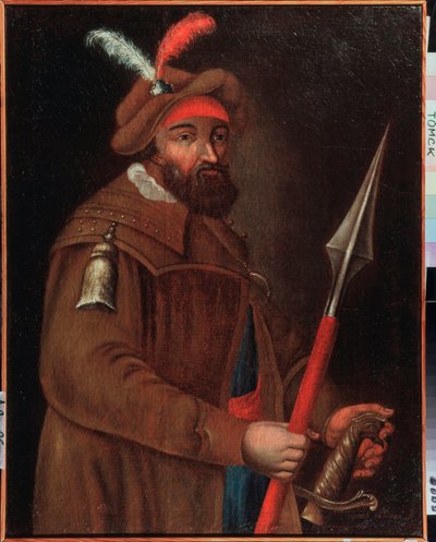 Portrett av kosakklederen Yermak Timofeyevich (født mellom 1532 og 1542-1585), erobrer av Sibir. Anonymt maleri, olje på lerret, tidlig 1700-tall. Statens kunstmuseum, Tomsk (Russland). av School Russian