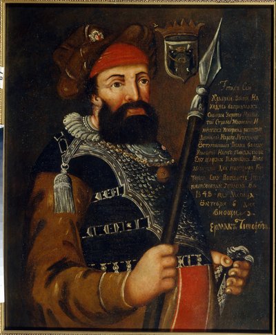 Portrett av kosakklederen, erobreren og oppdageren av Sibir, Yermak Timofeyevich (født mellom 1532 og 1542-1585) (Portrett av kosakkens leder og erobrer av Sibir, Yermak Timopheyevich). Anonymt maleri, olje på lerret av School Russian
