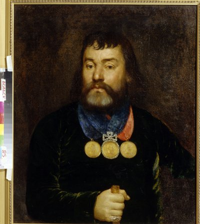 Portrett av poeten Constantin Zlobin (1777-1813). Stolt iført tre gull- og diamantmedaljer rundt halsen. Anonymt maleri, olje på lerret, tidlig 1800-tall. russisk kunst av School Russian