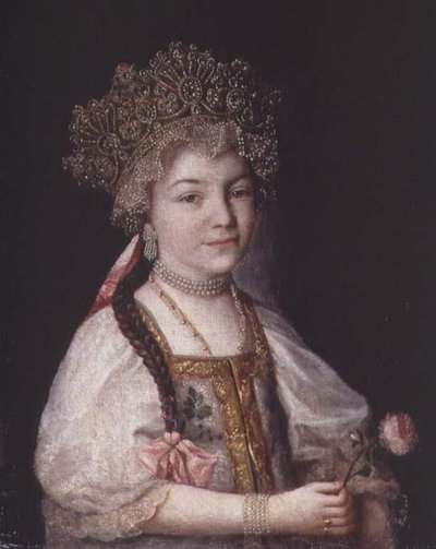 Portrett av Alexandra Pavlovna i russisk nasjonaldrakt, ca. 1790 (olje på lerret) av School Russian