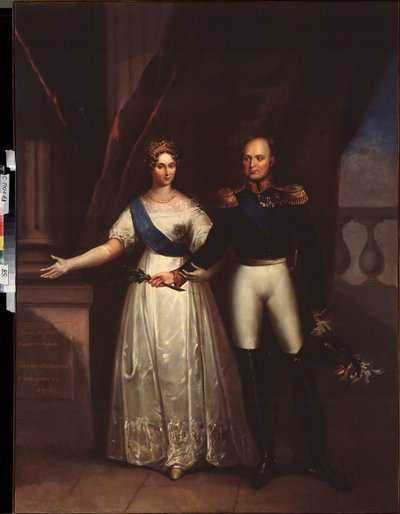 Portretter av keiser Alexander I (1777-1825), med sin kone (Elisabeth Alexeievna, født prinsesse Louise Augusta av Baden av School Russian