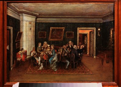Kveldsmottak. (Scene av dagliglivet, familie og venner er samlet rundt middagsbordet). Maleri av en russisk mester, olje på lerret, midten av 1800-tallet. Statens sentrale litterære museum, Moskva. av School Russian