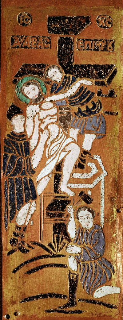 Russisk kunst, korsfestelsen, emalje fra 1500-tallets Madrid, Museo Lazaro Galdiano av School Russian