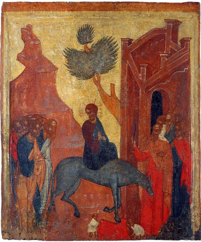 Russisk ikon: Kristi inntog i Jerusalem. Tempera på panel, andre halvdel av 1400-tallet, Museum for historie og kunst, Suzdal av School Russian