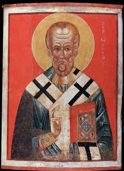 Saint Nicolas (eller Saint Nicolas de Myre eller Saint Nicolas de Bari, 270-345) (Saint Nicholas). Russisk ikon, tempera på tre, slutten av 1200-tallet, tidlig 1300-tall, kunst fra Novgorod (Russland). State Hermitage, St. Petersburg. av School Russian
