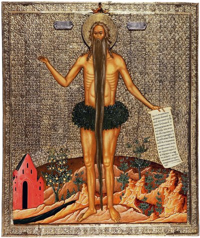 Saint Onuphrius (Saint Onuphrius). Onuphre the anchorite eller The Great (4. århundre), munk deretter eremitt i Egypt, er han tradisjonelt representert med et langt skjegg og grener som klær. Anonymt verk fra Moskva, tempera på tre, ca av School Russian