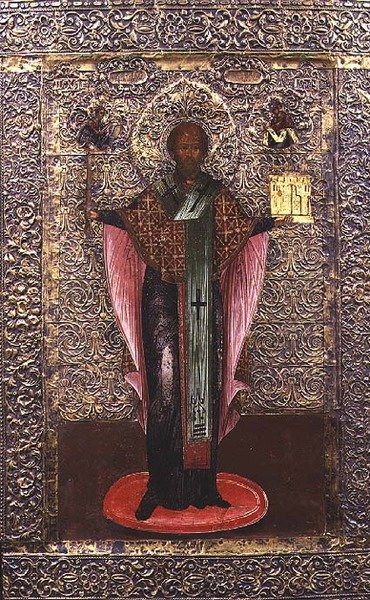 St. Nicholas of Mozhaisk, ikon, ca. 1700 (tempera på panel med messing oklad) av School Russian