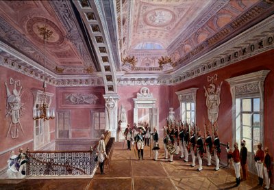 Ta opp vakten i den øvre vestibylen til Pavlosk slott i nærvær av Paul I som løfter hatten. Maleri av Schwartz (1800-tallet) Ec. Rus. av School Russian