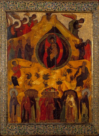 The Assembly of the Virgin Russian Icon av 1560. Russland, Monastere Solonsky av School Russian