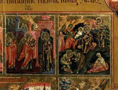 Oppstandelsen og nedstigningen til helvete, detalj fra The Margin of the Feasts som skildrer kunngjøringen og fødselen (tempera på panel) av School Russian