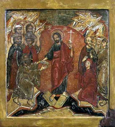 The Resurrection and The Descent into Hell (Anastasis) (tempera på panel) av School Russian