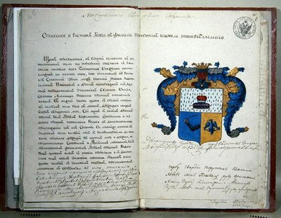 De heraldiske armene til forfatteren Alexander Sergeyevich Pushkin (1799-1837) av School Russian