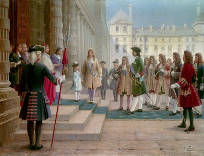 Tsar Pierre Le Grand (1672-1725) ønsket velkommen av Louis XV-barn i Versailles i 1717 - Maleri av Gorsky (1800-tallet) av School Russian