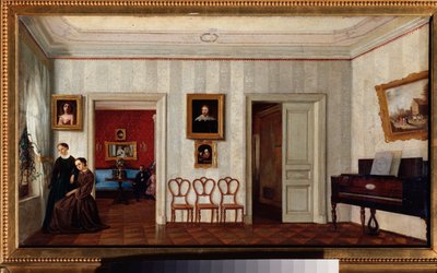 Et lite rom med piano. (Og to kvinner som ser ut av vinduet). Maleri av en russisk mester, olje på lerret, midten av 1800-tallet. Statens Tretyakov-galleri, Moskva. av School Russian