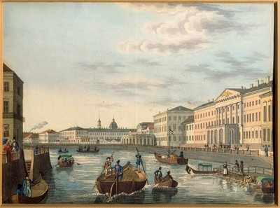 Utsikt over Fontanka-elven i St. Petersburg. Anonymt verk, Litografi, fargelagt i akvarell, ca 1820. Russisk kunst av School Russian
