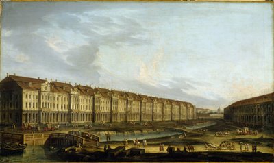 Utsikt over bygningen til de tolv høyskolene i St. Petersburg. (Utsikt over The Twelve Collegia Building i St. Petersburg). Beskrivelse av handelsretten på Neva, sirkulasjon og transport av varer og vogner. Anonymt maleri, olje på deg av School Russian