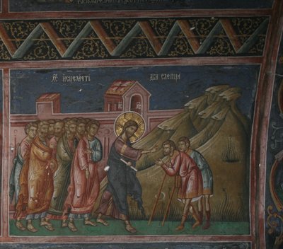 Jesus helbreder to blinde menn, Patriarchate of Peć (fresco) av School Serbian