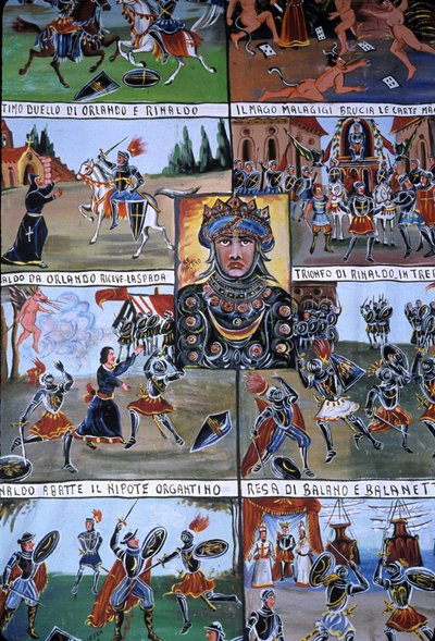 En dukketeater-dekor ved navn Puppi, som tilhører en siciliansk tradisjon som dateres tilbake til antikken og har som mål å fortelle historien om invasjoner og normanniske erobringer. Palermo, Sicilia, Italia. av School Sicilian