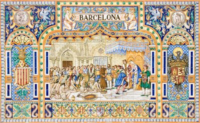 Kristoffer Columbus ankomst til Barcelona i 1493 ved hoffet til kong Ferdinand II og dronning Isabella I av Castilla (keramiske fliser) av School Spanish