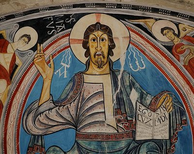 Kristus i Majestet flankert av serafer og symboler fra evangelistene, kopi av original fra 1100-tallet (fresco) av School Spanish