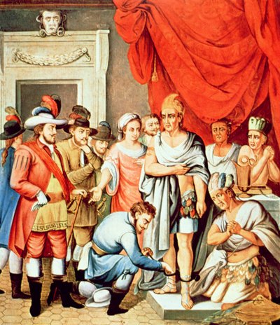 Hernan Cortes beordrer sjakler som skal settes på anklene til Montezuma (farge litho) av School Spanish