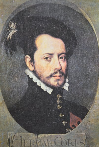 Portrett av Hernan Cortes (farge litho) av School Spanish