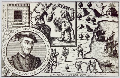Spanjoler under Juan de Grijalva lander ved Yucatan og engasjerer Maya-krigere i slaget ved Champoton, mai 1518 (litho) av School Spanish