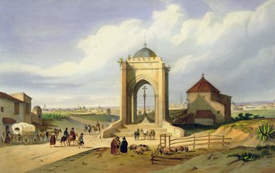 Utsikt over byen Sevilla fra Cruz del Campo (farge litho) av School Spanish