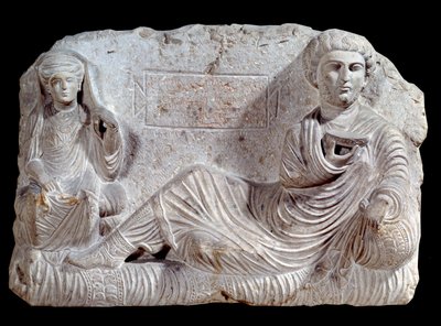 Gravrelieff i kalkstein av Taime og hans kone. fra Palmyra. 200 e.Kr. Paris, Louvre-museet av School Syrian